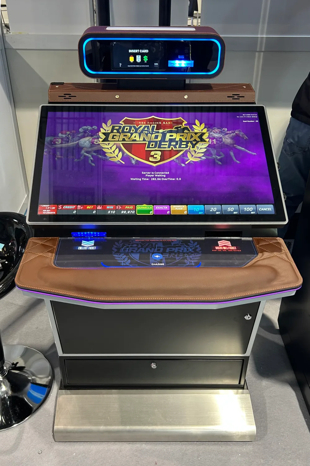Royal Grand Prix Derby 3 production cabinet with Type B finish, photographed at G2E Asia 2026